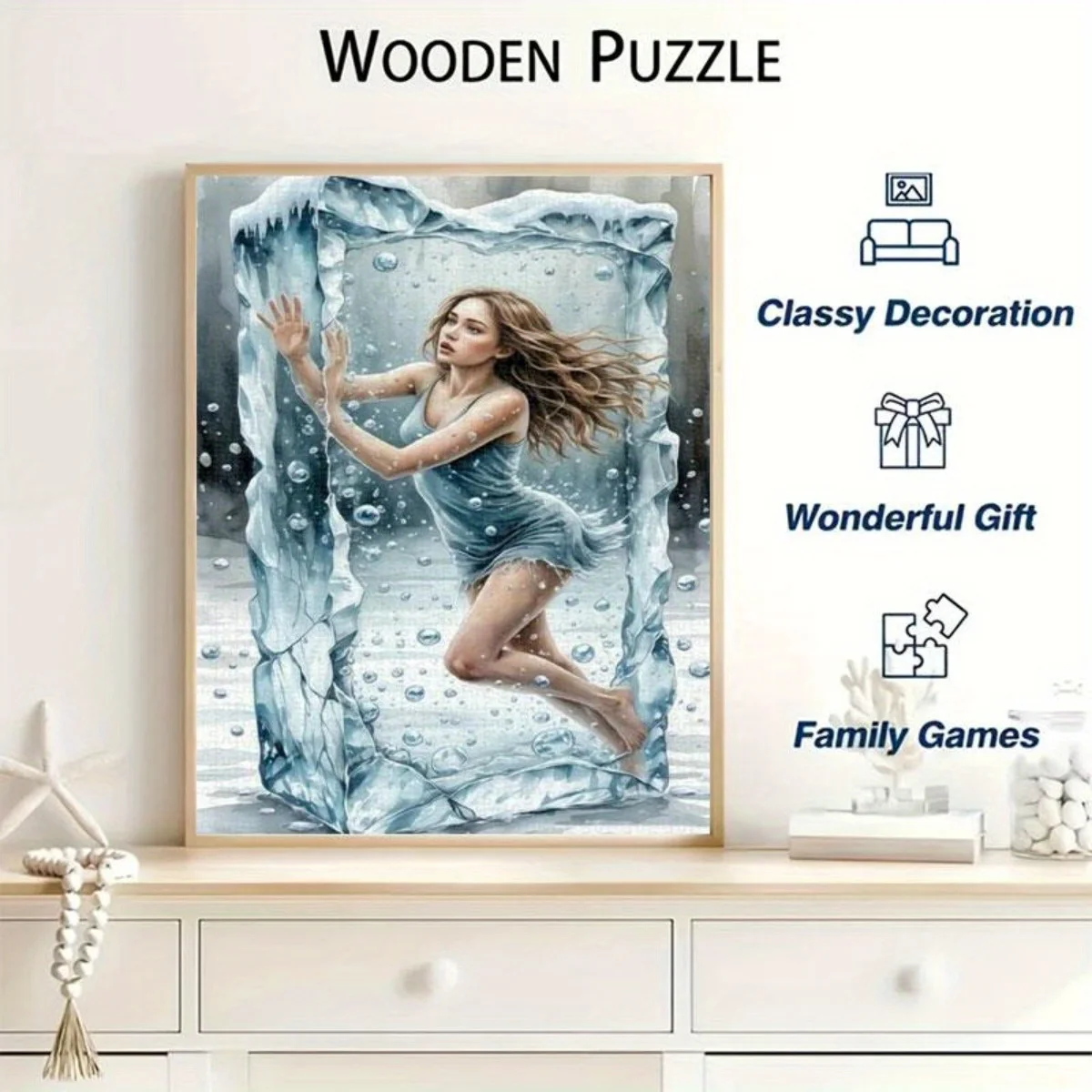 Frozen fantasy world, dynamische figuren, duizendelige puzzel, ontgrendel ijsblauw gecondenseerd licht, aanraakijspatronen, lange stroom