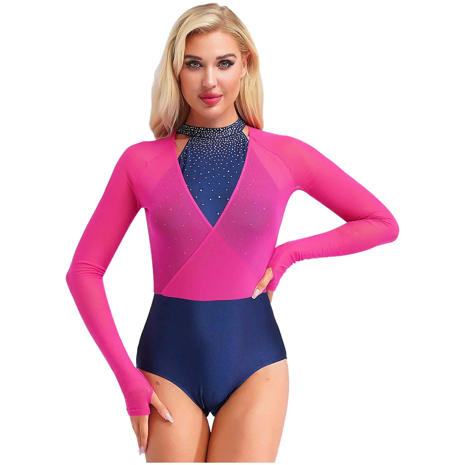 

Womens Rhythmic Gymnastics Dance Bodysuit Long Sleeve Color Block Sheer Mesh Patchwork Leotard Stage Performance Dancewear