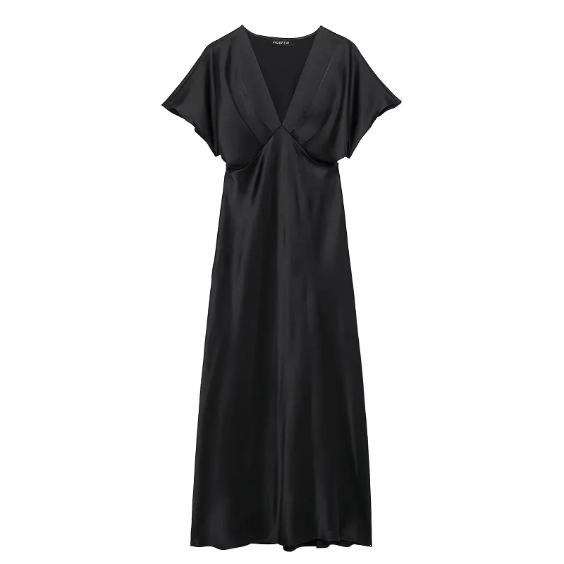 HXAO Women's Satin Long Dresses 2025 Spring Summer Elegant Party Evening Midi Dresses Vintage Blue Khaki Black Dresses Vestidos