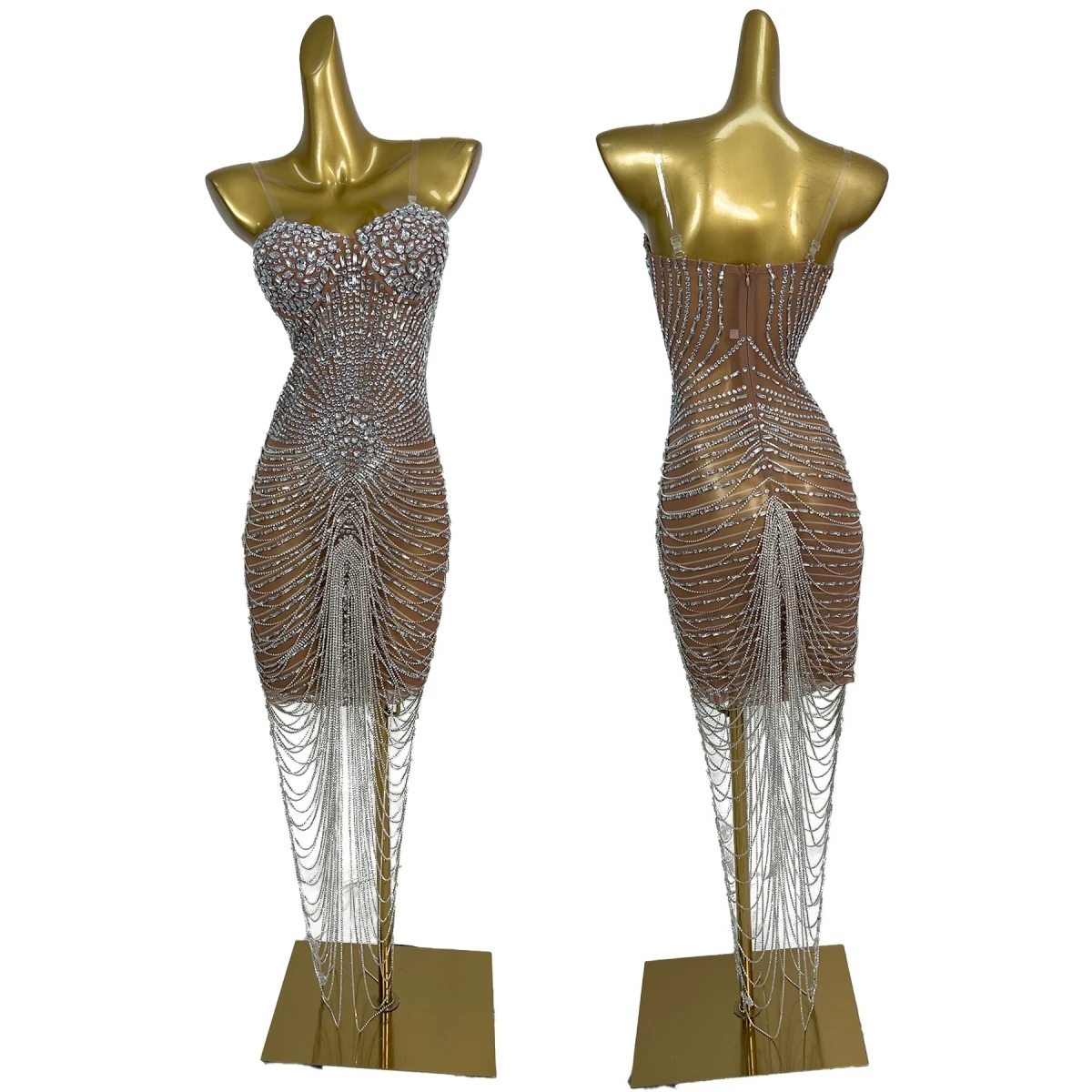 

Luxury Sparkly Rhinestone Mesh Mini Dress Black Party Spicy Girl Outfit Sexy Strapless Chains Tassel Cocktail Dress Huaruixinglu