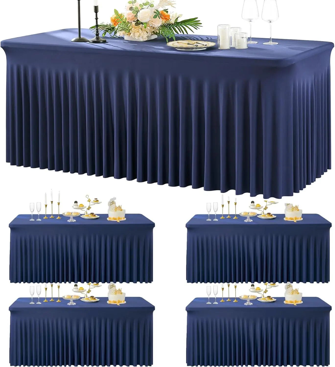 

4 Pack Navy Blue Spandex Table Clothes for 6 Foot Rectangle Tables, Wrinkle Free Fitted Table Cloth Stretch Tablecloths