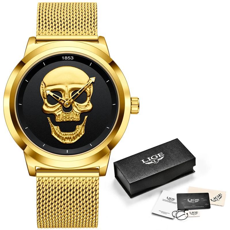 LIGE Top Luxury Brand Gold Black Skull Men Watches with Stainless Steel Sports Waterproof Quartz Clocks Male Creative Wristwatch