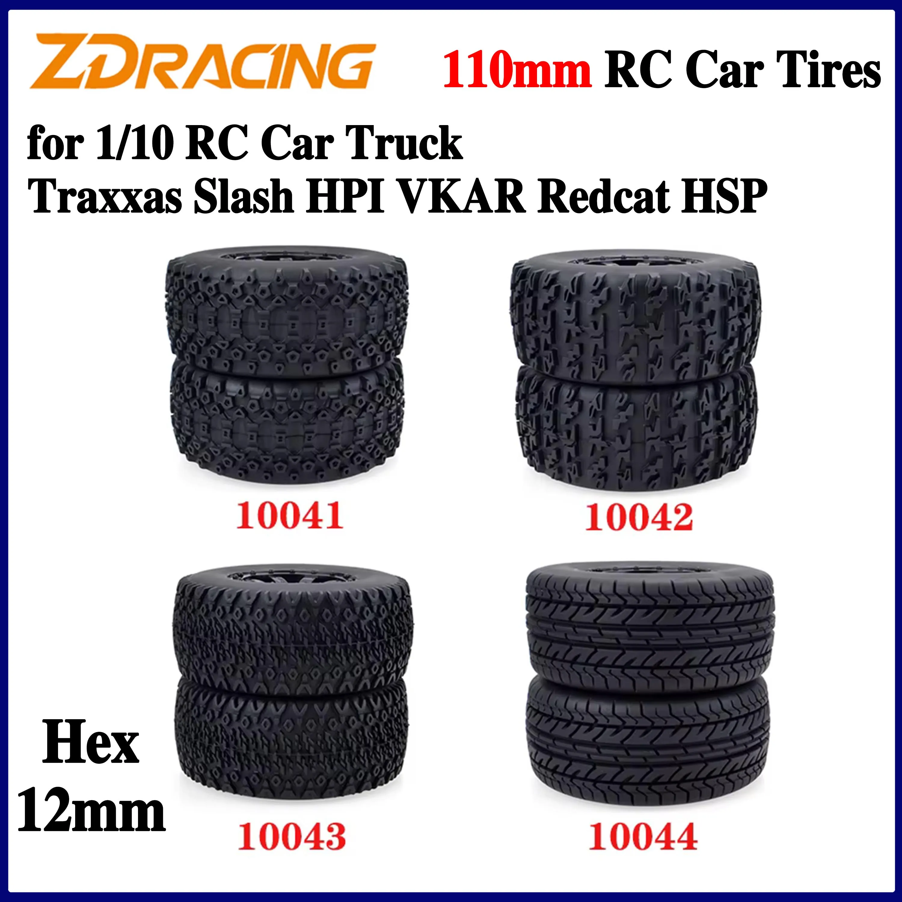 4PCS ZD Racing 110mm RC Tires 12mm Hex Hub Wheel Rubber Tyre for Traxxas Slash HPI VKAR Redcat 1/10 RC Car Short Course Truck