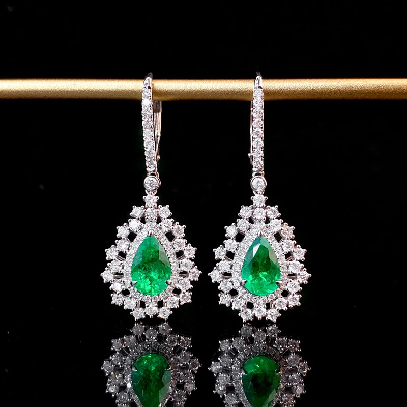 KUGG 100% 18K White Gold Earrings Luxury Romantic Style Shiny Diamond Natural Emerald Gemstone Earrings for Women Fine Jewelry