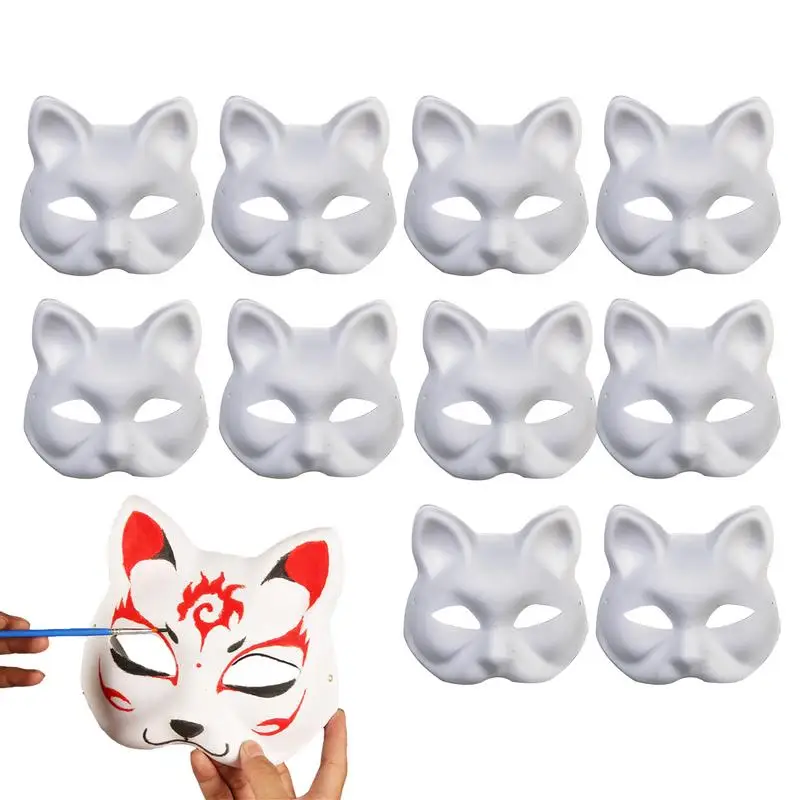 10Pcs Blank White Mask Halloween Cosplay Cat Foxx DIY Paintable Half Face Mask Animal Costume Party Decorate Craft Prop Japanese