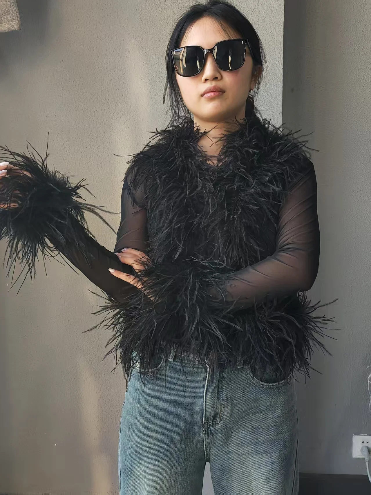 Jxwatcher Women's Sexy Mesh Feather Tops Spring Summer Ladies Vintage Celebrity Real Ostrich Feather Coat Fashion Party Wear New