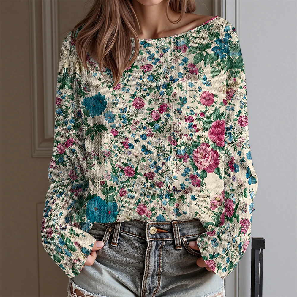 Wiosenna moda damska, koszulka z pastelowymi kwiatami, długi rękaw, akwarelowy wzór, top z motywem dmuchawca i stokrotki. ​   Bluzka w stylu boho w kolorze niebieskim do noszenia na co dzień ​