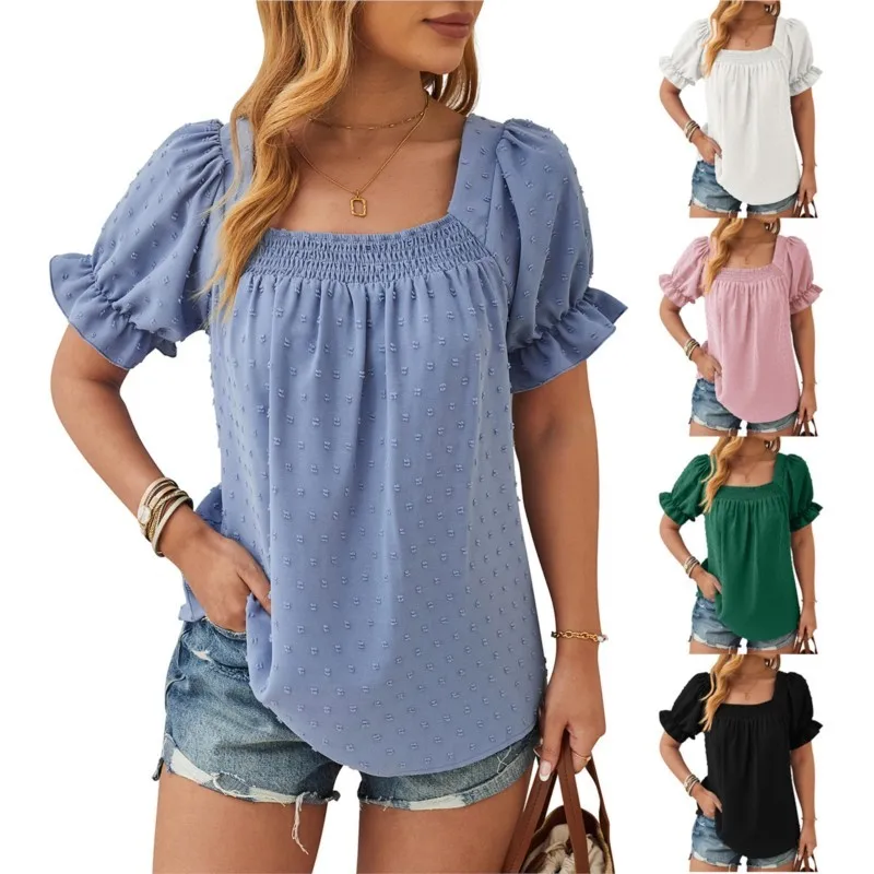 Женский весенне-летний новый повседневный топ из шифона с меховым шариком и короткими рукавами, элегантный темпераментный пуловер с квадратным вырезом, рубашка