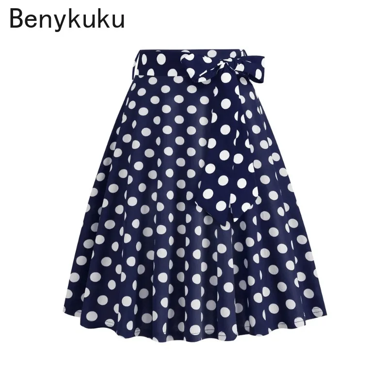 Red High Waist Polka Dot Print Belted Flare Swing Skirt for Women 2024 Summer New in Rockabilly Pinup Vintage Clothes Korean