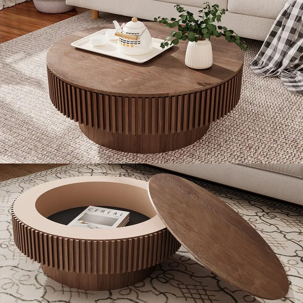 طاولة قهوة مستديرة 31.5 بوصة لغرفة المعيشة طاولة قهوة دائرية مع تخزين طاولات قهوة حديثة مخددة في منتصف القرن مع قاعدة #6