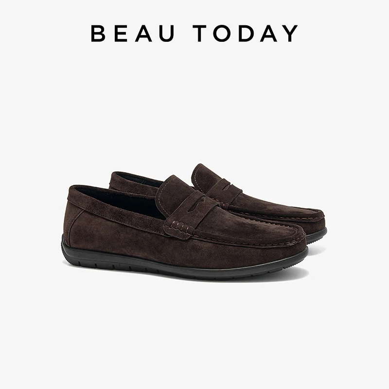 

BEAUTODAY Penny Loafers Men Cow Suede Leather Round Toe Sewing Solid Color Slip-on Retro Male Shoes Handmade 50169