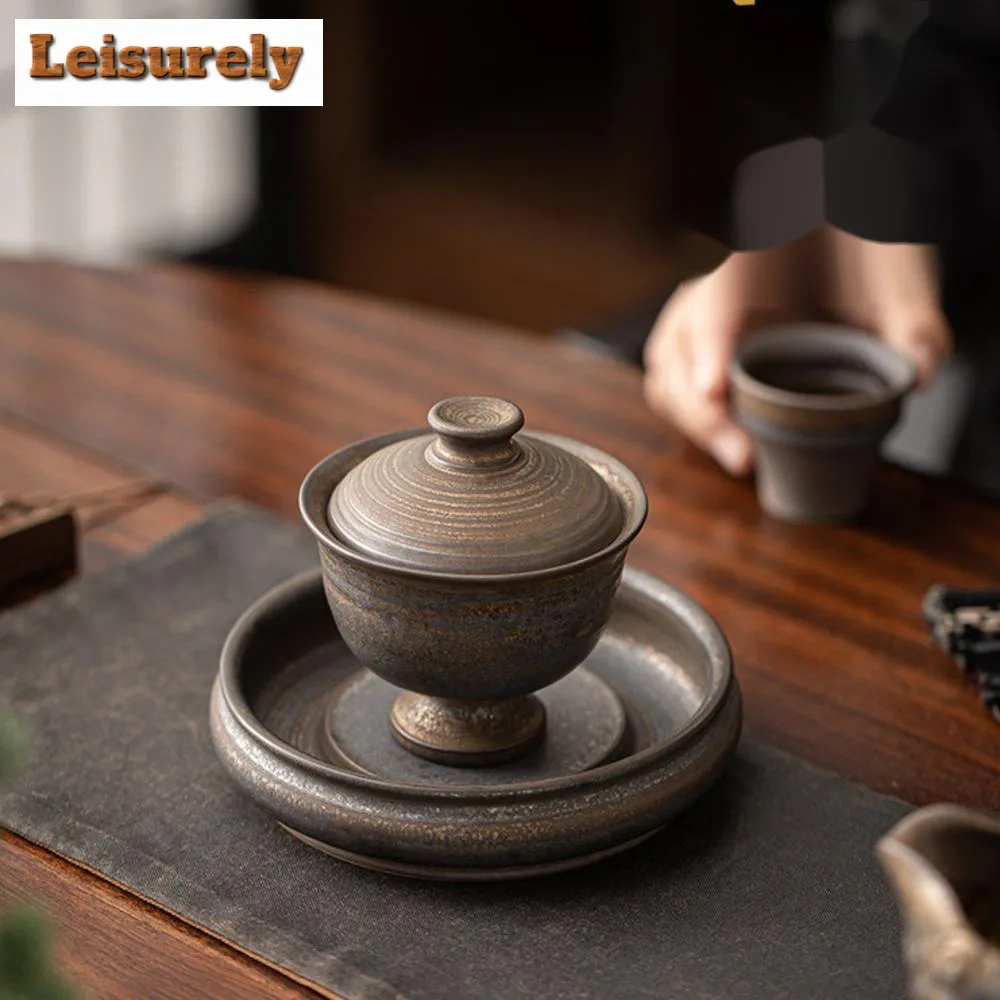 160ml Antique Kiln Change Gilding Gaiwan Zen Dry Soaking Plate Tea Tureen Tea Maker Cover Bowl Cafes Tea Accessories Ornaments