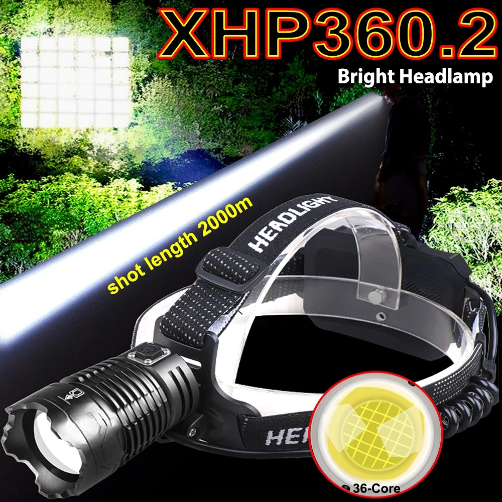 XHP360 High Power LED Headlamp 2000M Super Bright Outdoor Torch Long Shot Tactical Headlight Cum Emergency Power Bank Use 18650