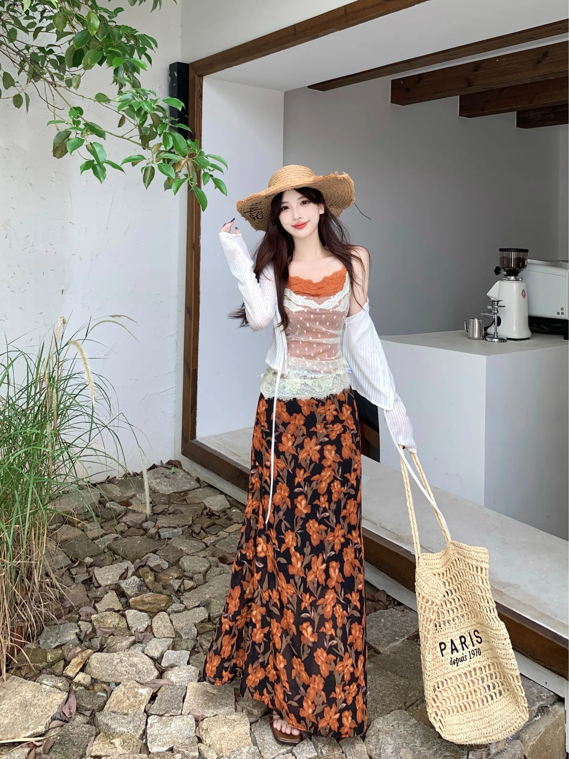 

plus Size Sexy Pure Desire Sun Protection Open Cardigan Lace Strap Floral Half Skirt Three Piece Set Beautiful Ensemble