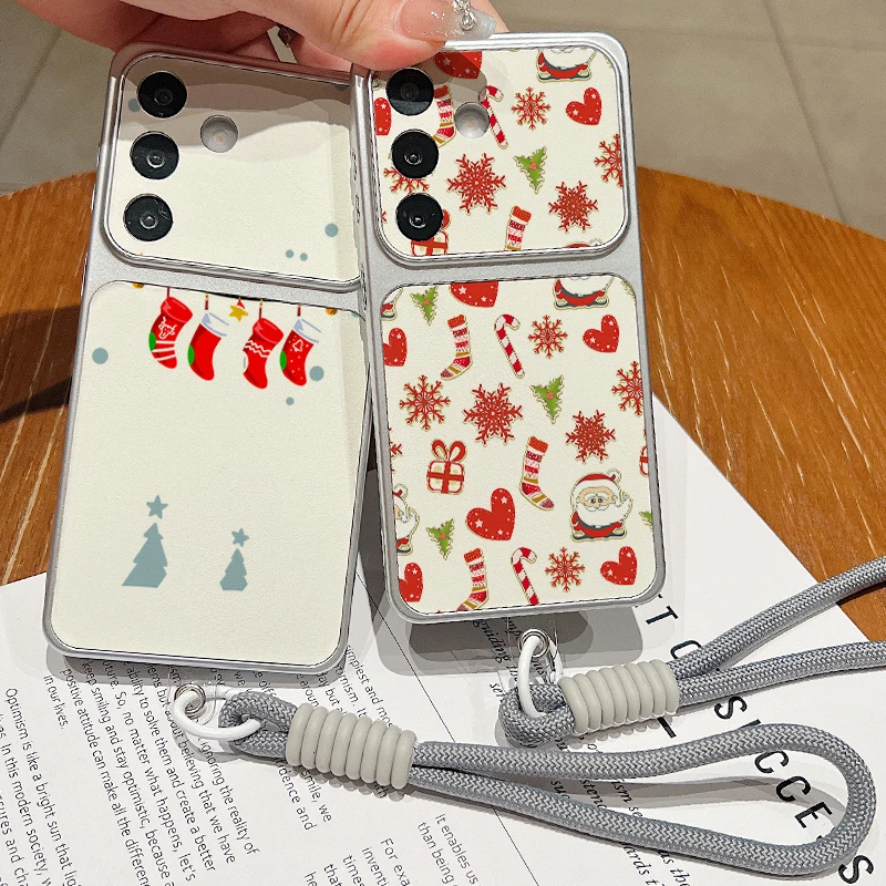 Red Stocking Pattern Lanyard Phone Case For Samsung S26 S25 Ultra S24 S23 FE A57 A17 A16 A26 A36 A37 A56 5G Leather TPU Cover