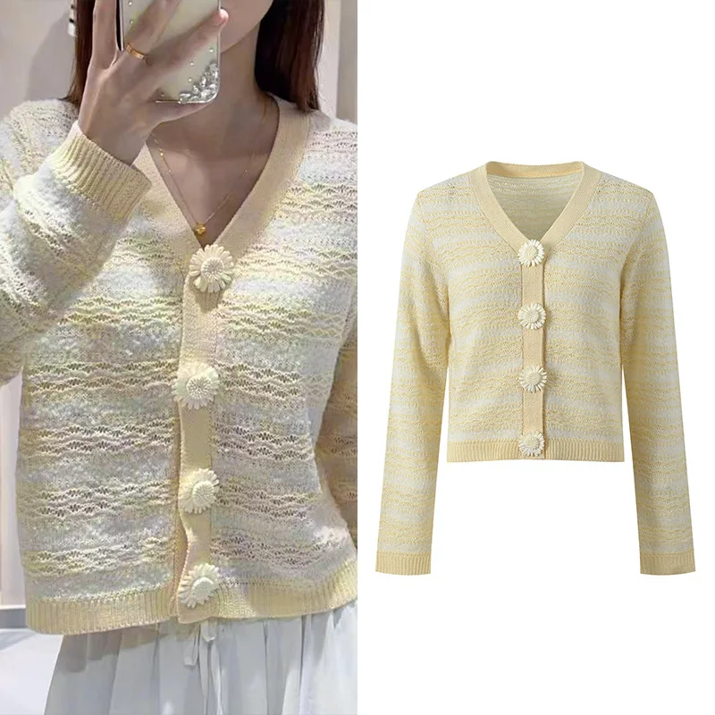 

Sweet Sle Suower Decorated V-Ne Long Sve ort Knitted Open Cardigan Top Early Autumn New Arrival Ladies Faion