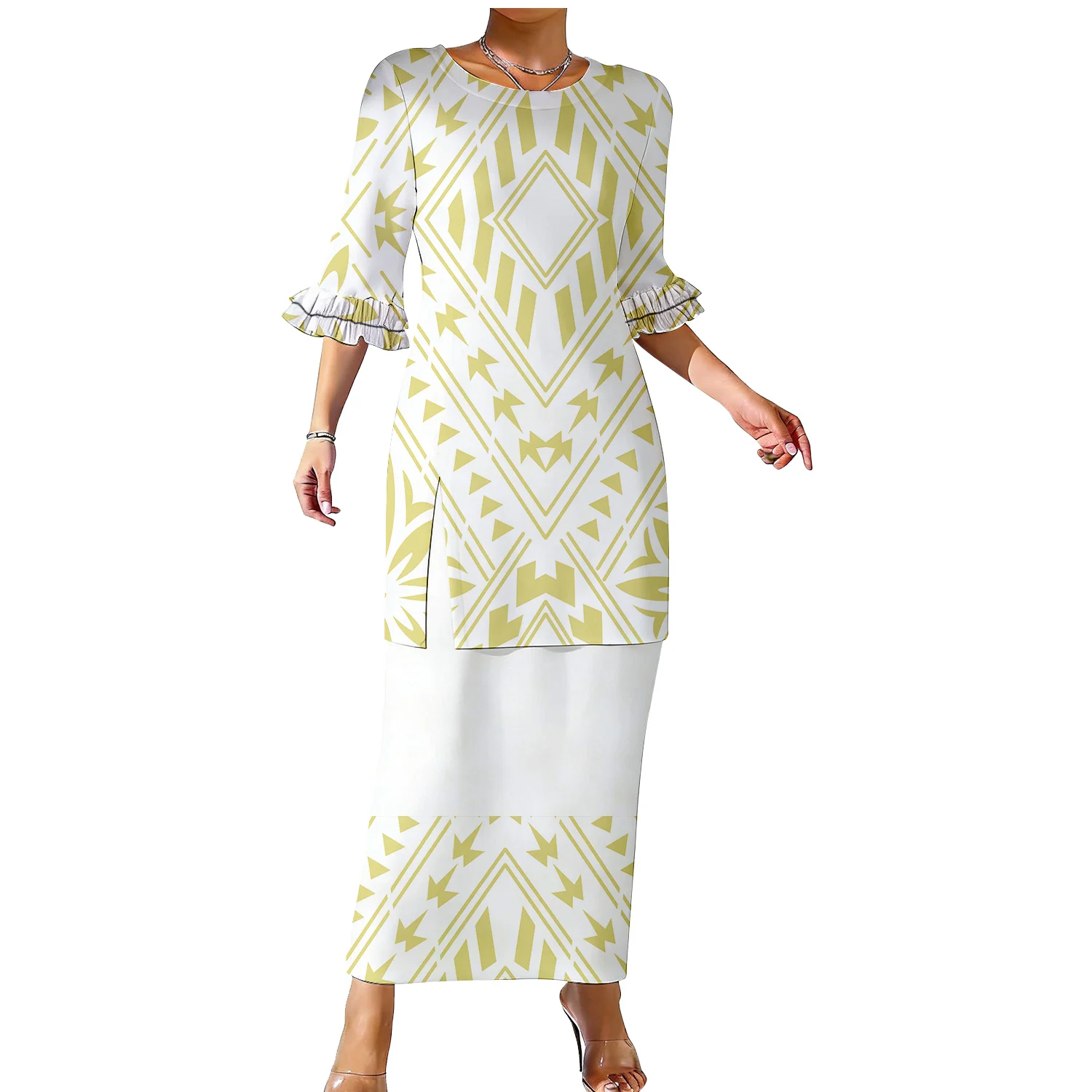 2026 New Style Polynesian Women'S Custom Floral Print Pattern Suit Skirt - Round Neck Puletasi Double-Layered Pea Coat Sleeves