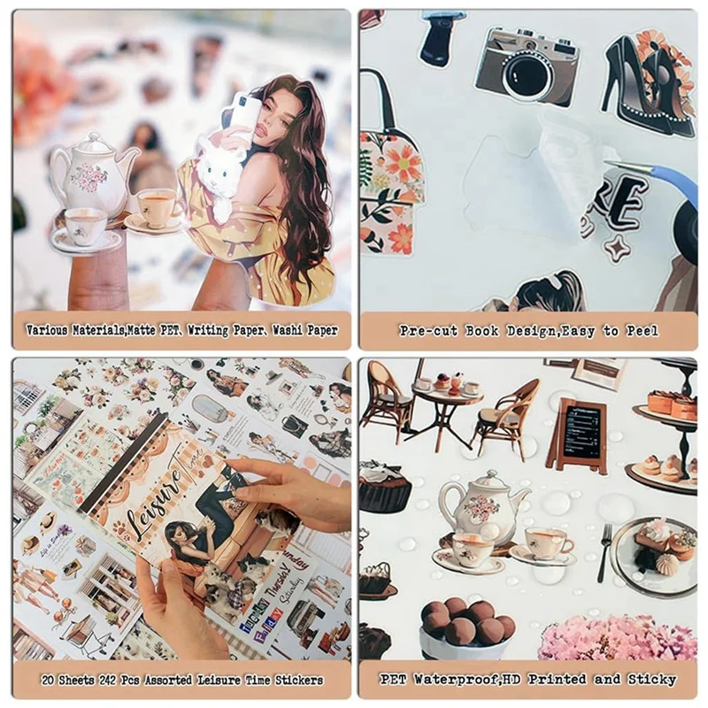 หนังสือสติกเกอร์วารสารเวลาว่างสําหรับอุปกรณ์ขยะ Journaling, 20 Pe-Cut PET, เทป Washi และสติกเกอร์กระดาษหัตถกรรม