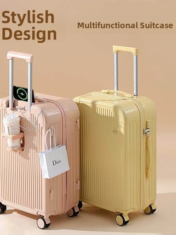 new-high-aesthetic-multi-functional-large-capacity-silent-universal-wheel-travel-suitcase-with-cup-holder-zipper-style-luggage