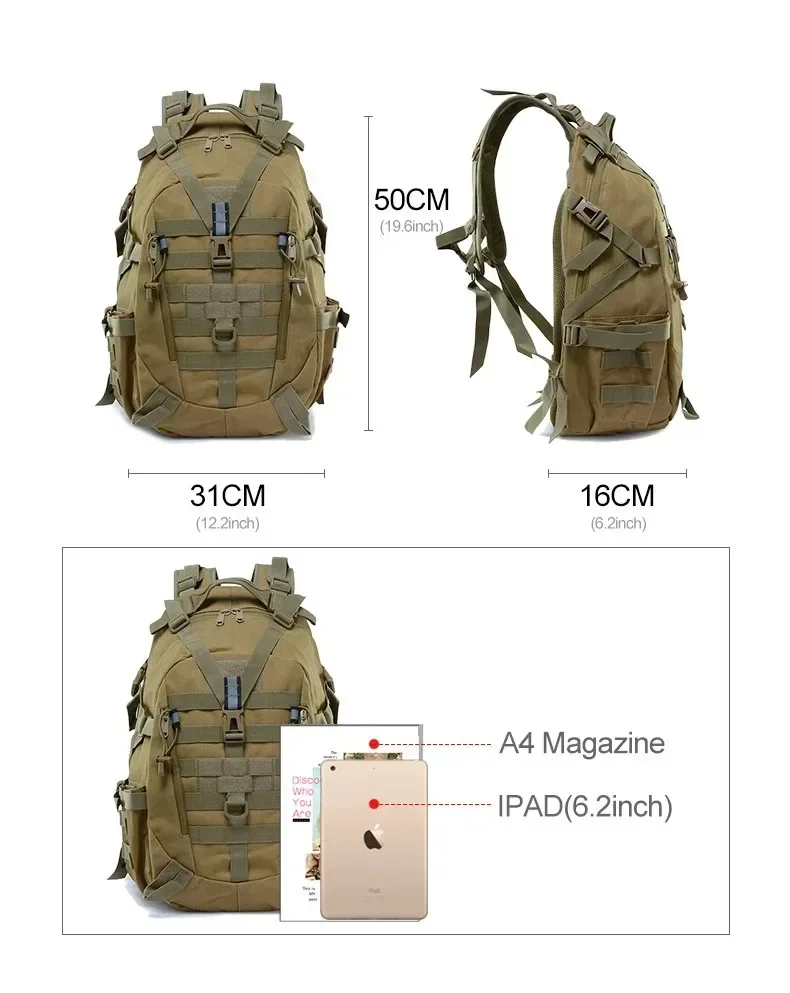 35L Taktischer Rucksack für Herren mit reflektierenden Streifen, modularem MOLLE-System, zum Klettern, Campen, Wandern, Trekking, Fitness, Reisen, Outdoor-Aktivitäten, Jagd, Aufbewahrungstasche – Detail 2