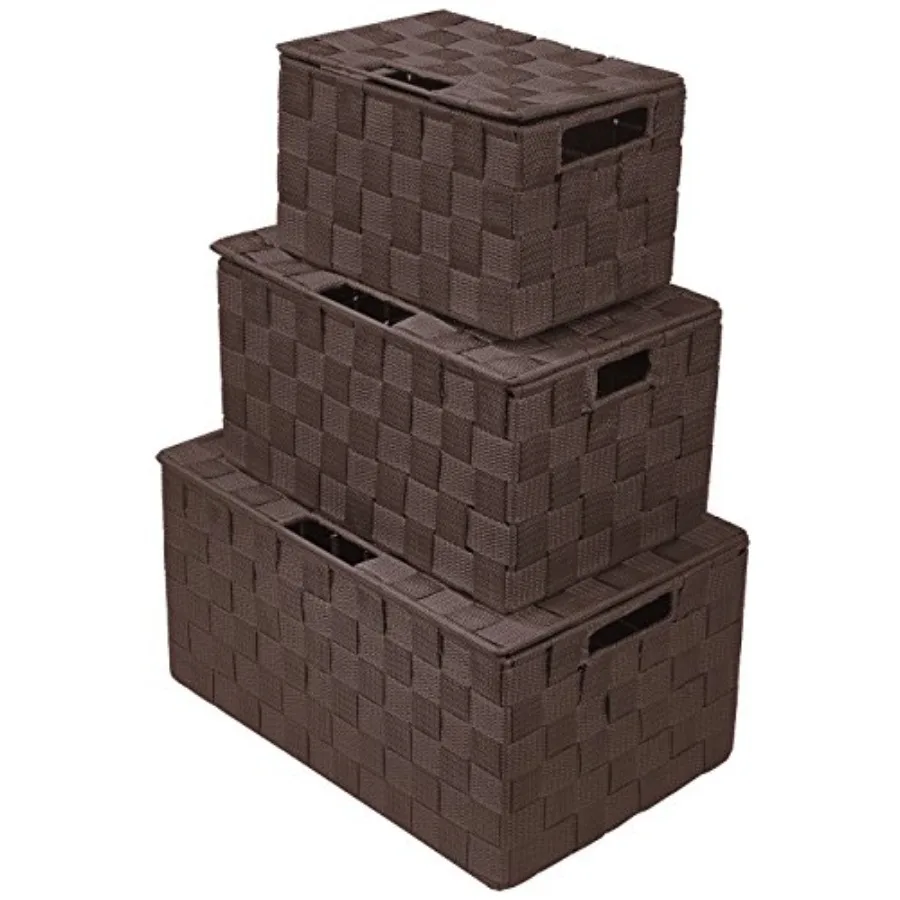 

Set of 3 Hand-Woven Storage Baskets with Lids Decorative Wicker Organizers for Home, Closet, or Shelves Choclate