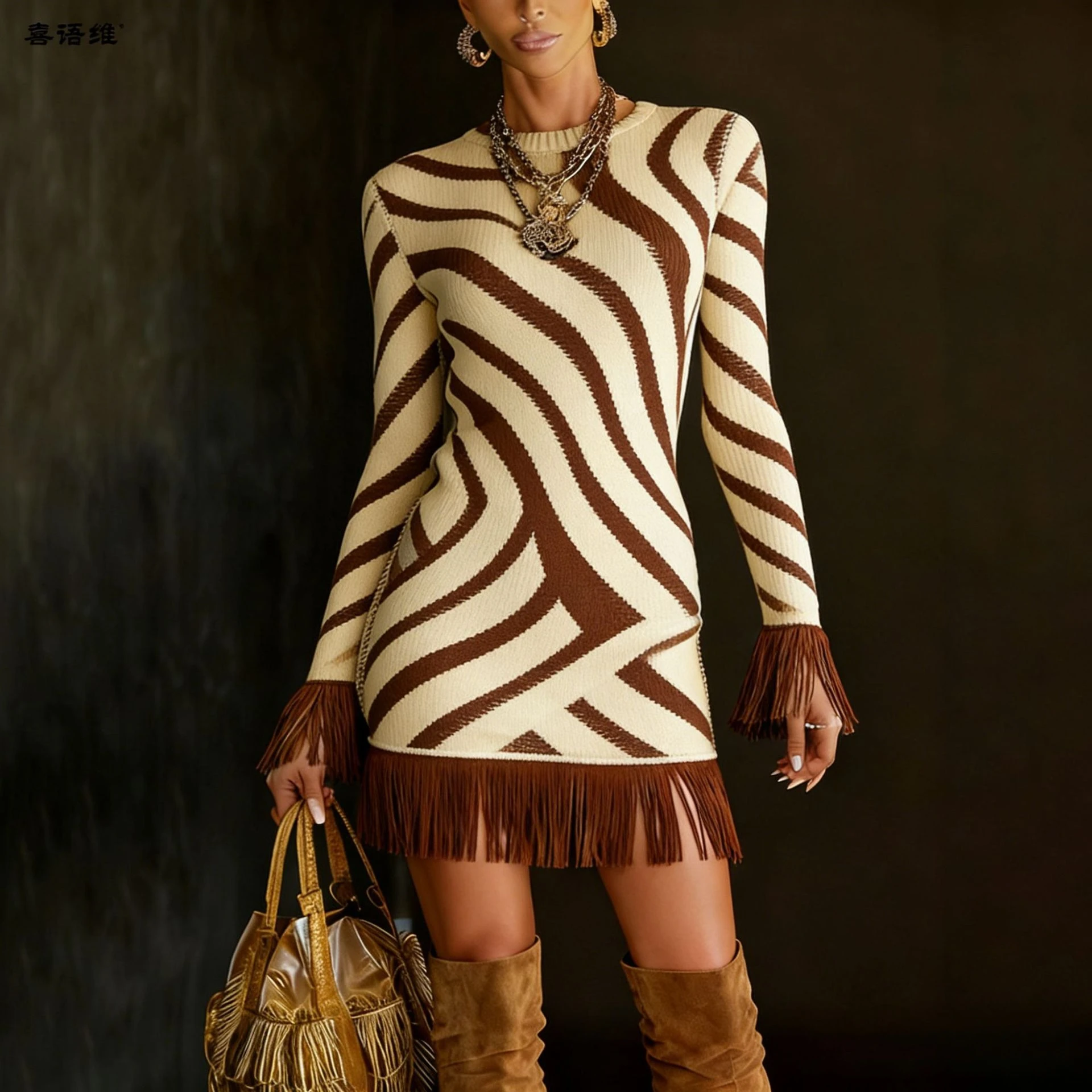 여성 패션 프린지 드레스 긴 소매 바디콘 스트라이프 드레스 태슬 장식 보헤미안 시크 파티 페스티벌 데이트 나이트 스트리트웨어