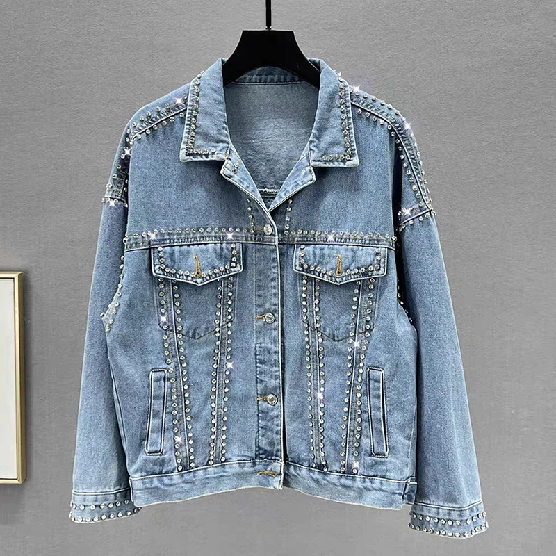 

Rhinestone Beading Denim Jacket for Women Fashionable High Street Autumn Jackets American Loose Lapel Female Shiny Coat