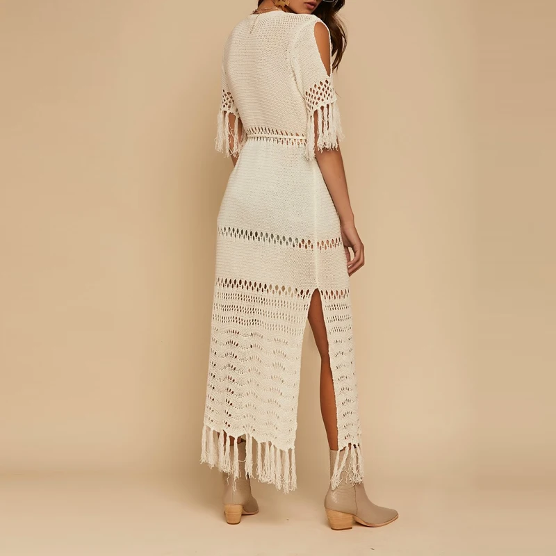 سترة نسائية طويلة بتصميم شرابة مناسبة تمامًا لتغطية الشاطئ من الكروشيه لملابس السباحة الشفافة المحبوكة لملابس السباحة على الشاطئ