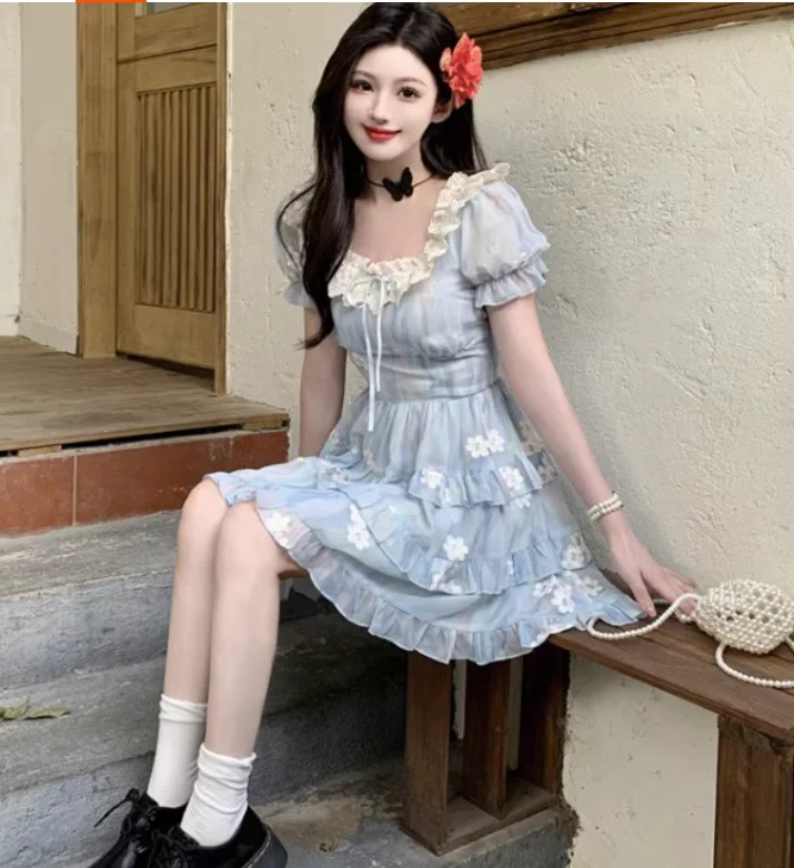 فستان صيفي كبير الحجم بطباعة حلوة فرنسية بأكمام قصيرة، فساتين عصرية بخصر عالٍ ومتعددة الاستخدامات ورقبة مربعة #4