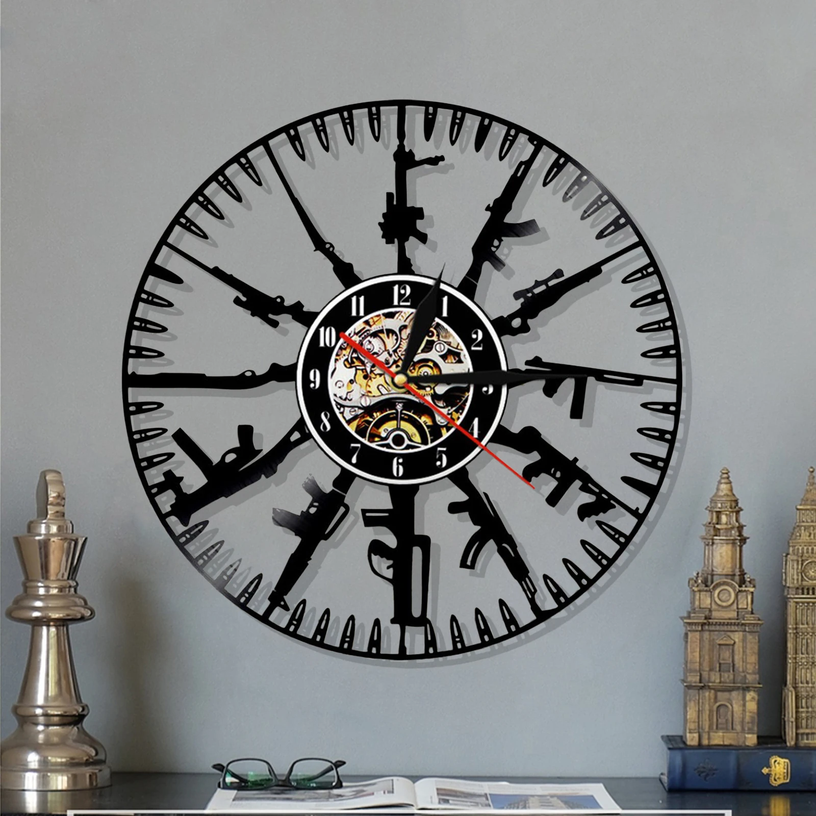 Black Weapon Guns Modern Design Military Wall Clock Man Cave Army Room Decor Bullet Firearms Wall Art Silent Clock