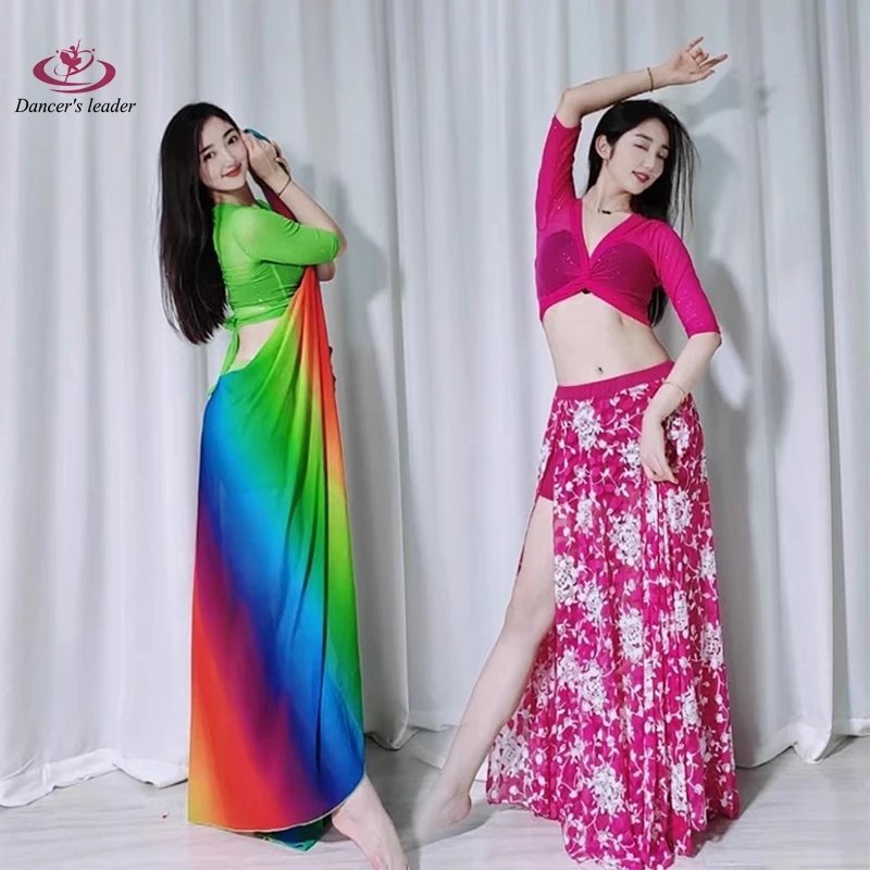 Belly Dance Competition Flash Slim Fit Rainbow Double Split Print Dance Practice Suit American Performance Clothing