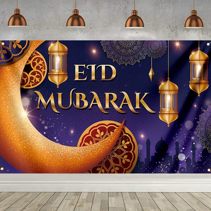 Ramadan Festival Decor Hanging Flag Moon Row Of Lights Holiday Party 100D Polyester ,E 1Set