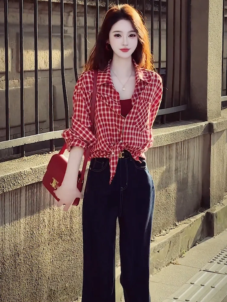 

Elegant Long Sleeve Shirt And Wide Leg Jeans Women's Two Piece Set Spring 2026 Fashion Age Reduction Plaid Shirt Casual Sport...