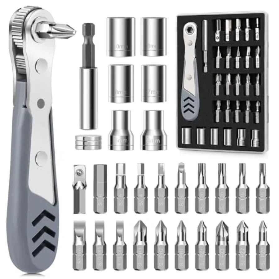 

30in1 Right Angle Screwdriver 36Tooth Mini Ratchet Wrench Angle Screwdriver for Tight Spaces Low Profile Offset screwdriver Mag
