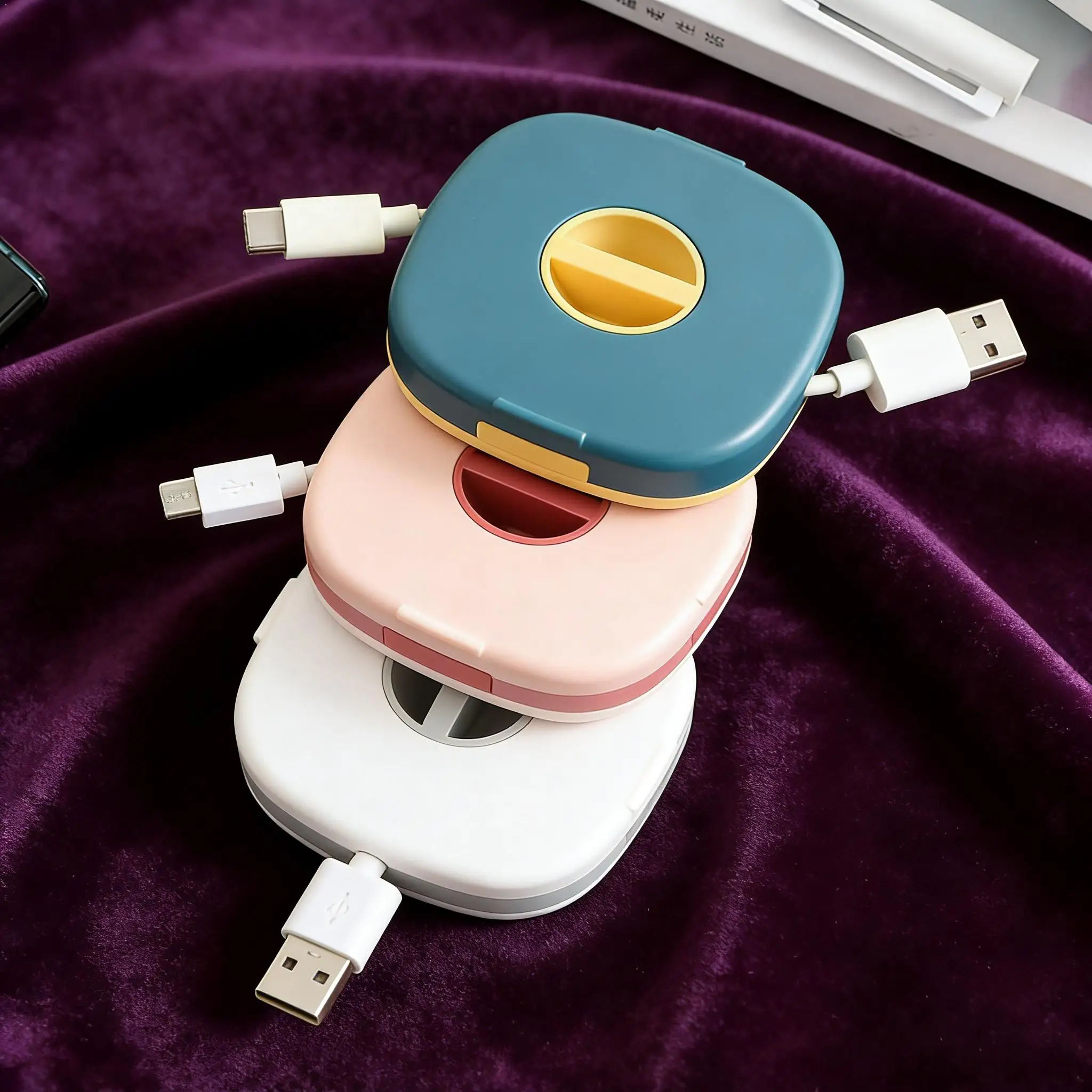 Portable Round USB Cable Winder Rotating Organizer For Mobile Phone Charging Data Cables Desktop Organizer Box ﻿
