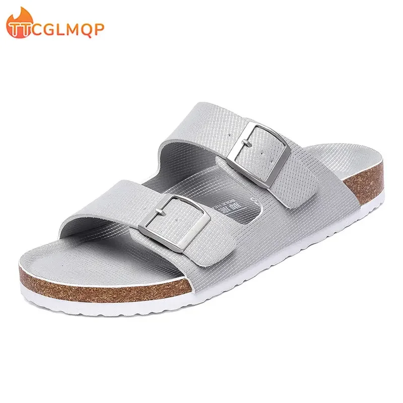 New Summer Cork Sandals Men\'s Flock Faux Suede Mule Clogs Slippers Brown Classic Buckle Cork Slides Slippers For Men Slippers