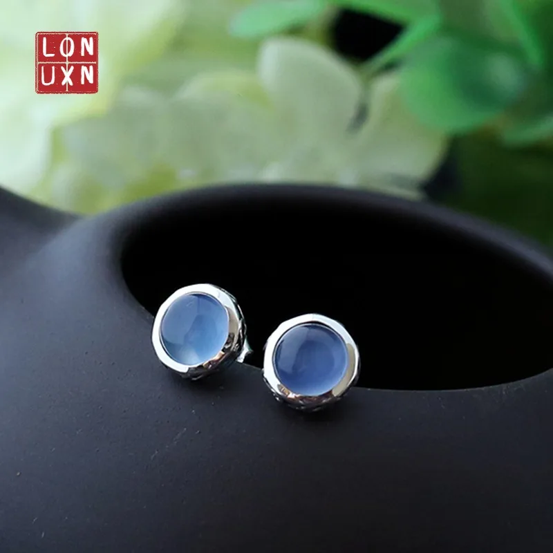 

925 Sterling Silver Women Jewelry Blue/Black Agate Retro High Quality Female Jewelry Natural Stones Bohemia Round Earrings 9mm