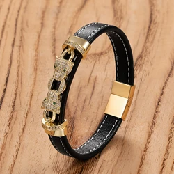 2024 New Style Classic Animal Leopard Head Hand Leather Braided Stainless Steel Bracelet For Man Woman Daily Wear Jewelry Gift