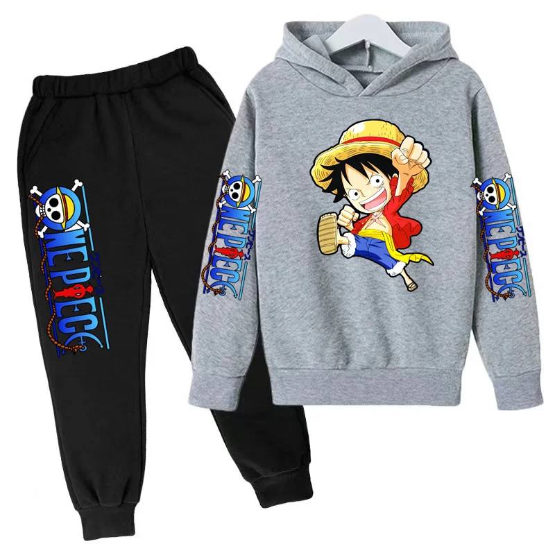 Çocuk giyim erkek kız yürümeye başlayan Hoodie korsan kral büyüleyici Luffy kazak 3-12Y üst + pantolon 2P sevimli rahat spor koşu seti