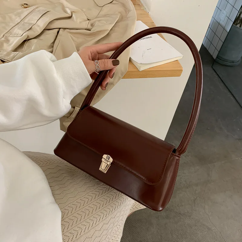 

Solid Color Flip Lock Pu Leather Handbag Women Shoulder Bag, Versatile Underarm Bag, Autumn Winter Baguette Bag, Retro Tote Bag