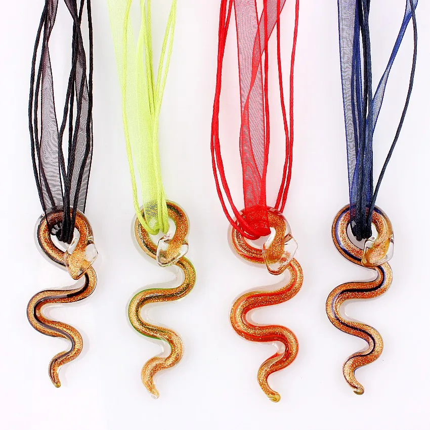 Top Fashion Wholesale 6pcs 2Styles Handmade Murano Lampwork Glass Mixed Color Stripe Snake Pendant Necklace Jewelry Necl0054