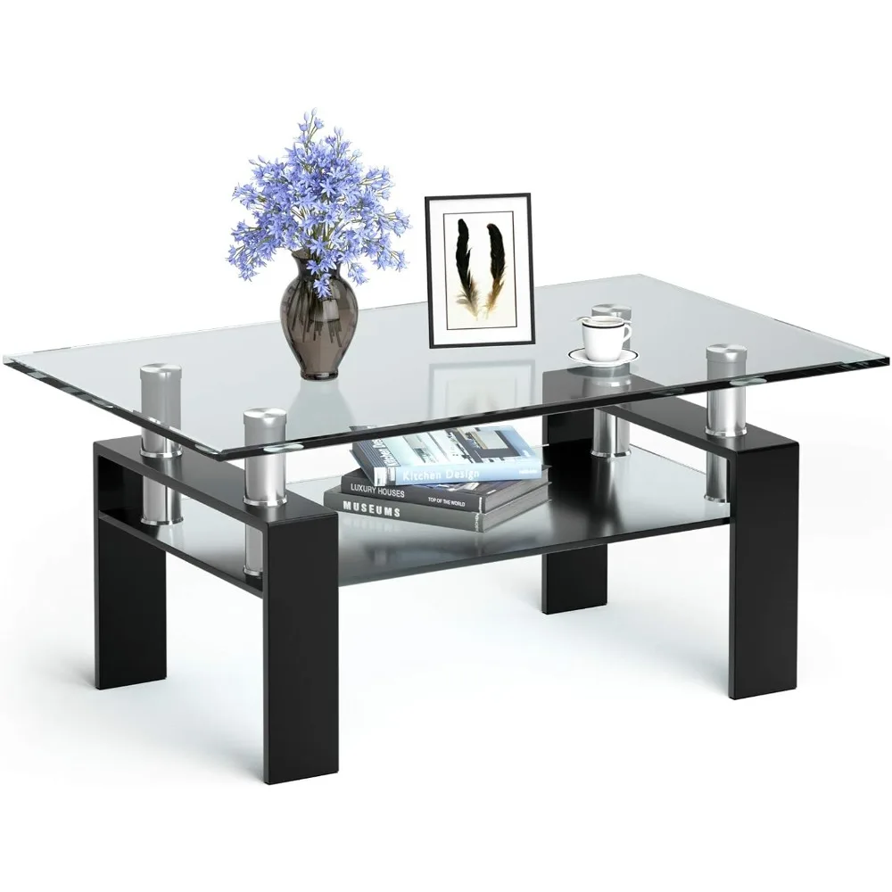 

Rectangular glass coffee table, modern side coffee table, lower shelf, tempered glass tabletop, metal legs