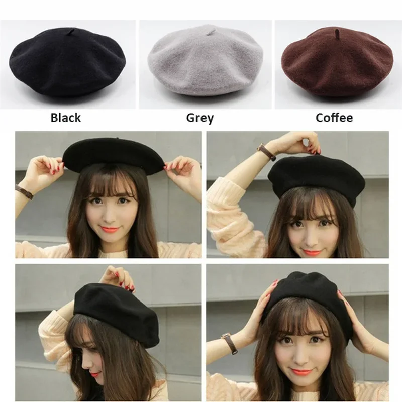 Women Girls Beret French Plain Wool Caps Warm Winter Beanie Hat Vintage Berets Solid Color Elegant Ladies Winter Hats Caps