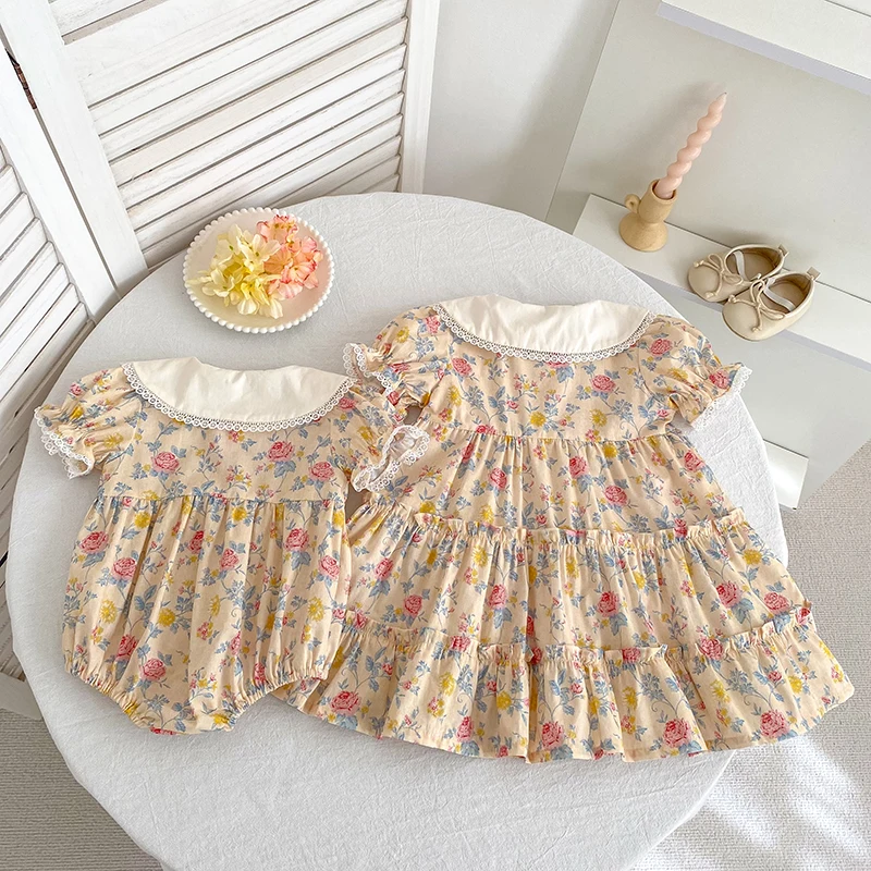 2026 Neues Mädchenkleid für den Sommer 2-6 Jahre Kurzarm-Kleid mit Blumenmuster Gerüschter Kragen Süßes Baumwollkleid – Detail 18