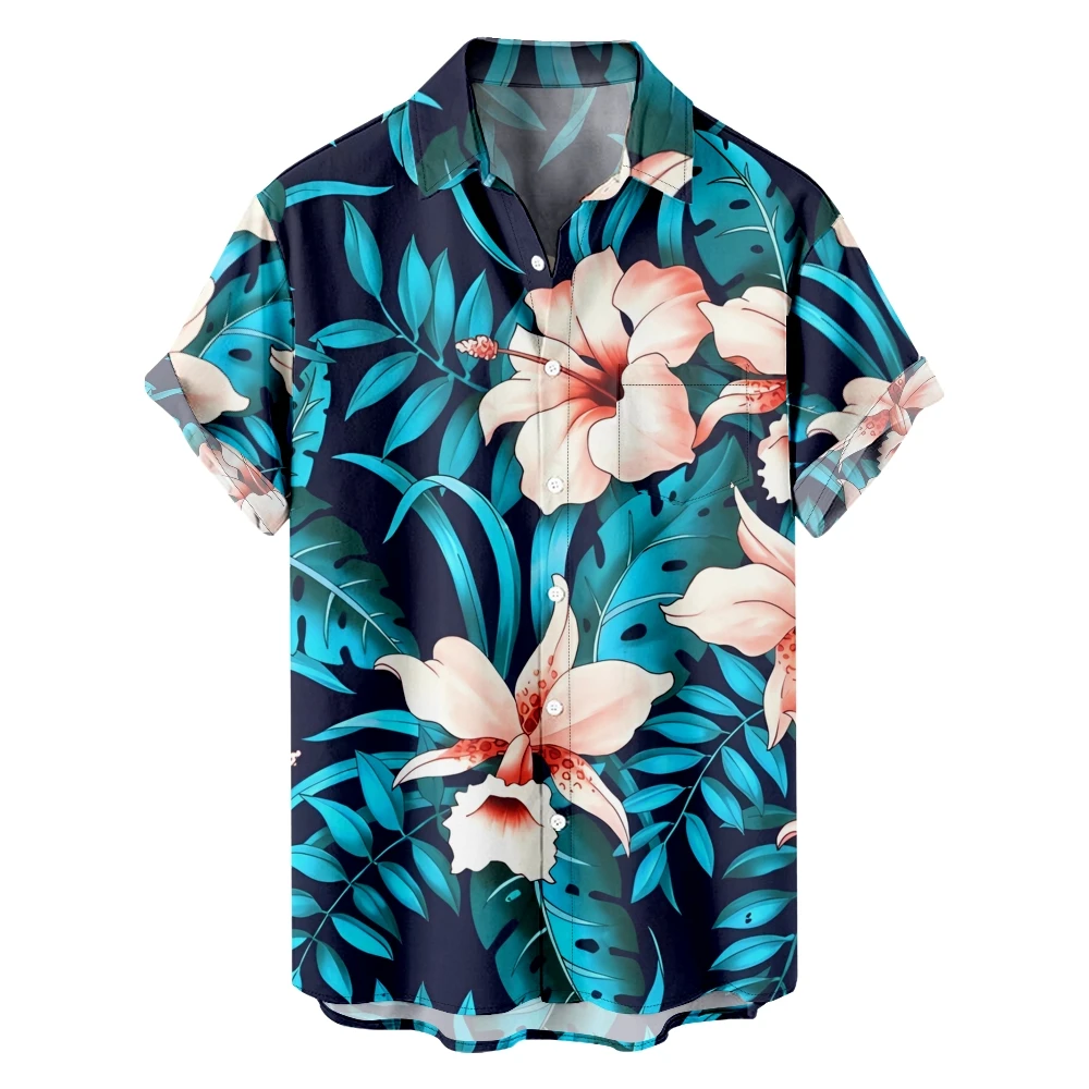

Hawaii Printing Summer Short Sleeve Shirts V-Neck Turn-down Collar Casual Beach Style