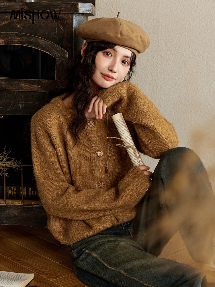 MISHOW Wool Knitted Cardigan Women O-Neck Single-breasted Long-sleeved Sweater Fall Winter French Casual Thin Jacket MXD46Z0830