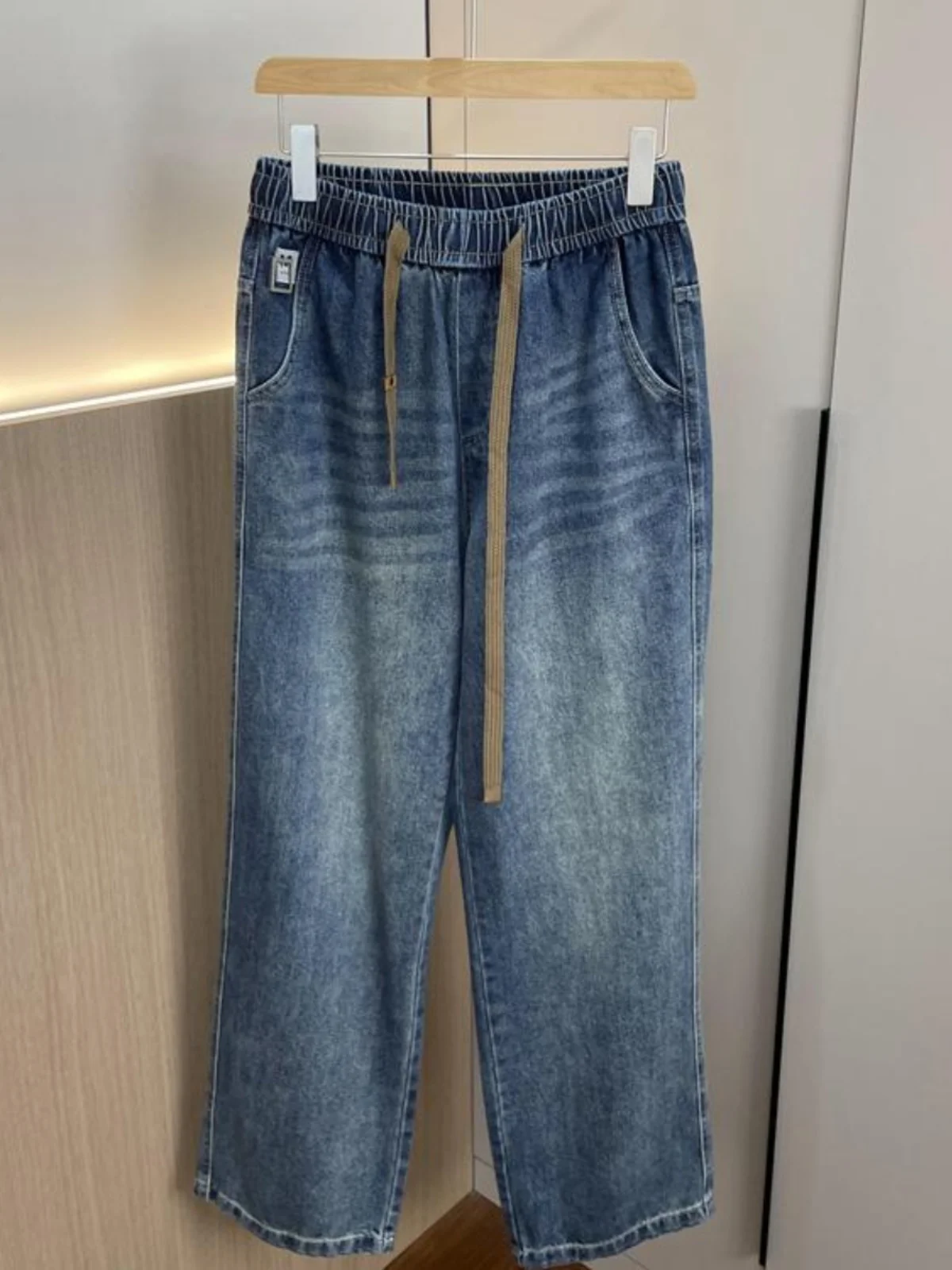 

Винтажные мужские повседневные джинсы с эластичной резинкой на талии, свободные прямые длинные брюки, модная молодежная одежда, осенне-весенняя одежда