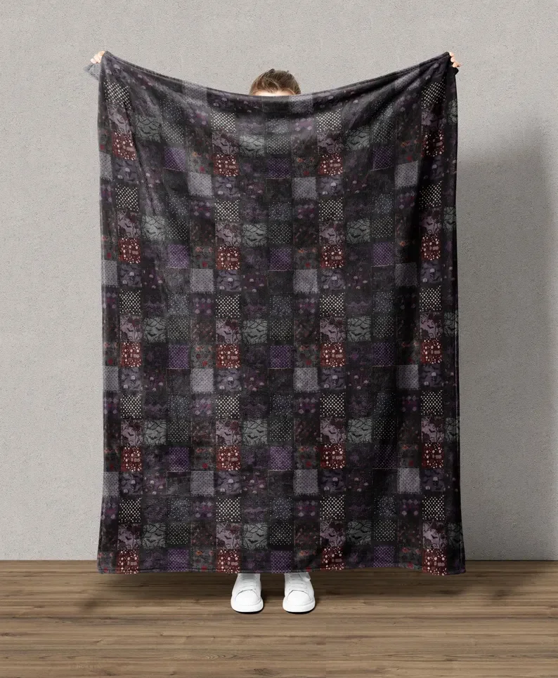 Whimsigoth Patchwork Imitation Gothic Blanket Dark Academia Skull Bat Quilt Style Throw Gothic Home Decor Cozy Witchy Gift