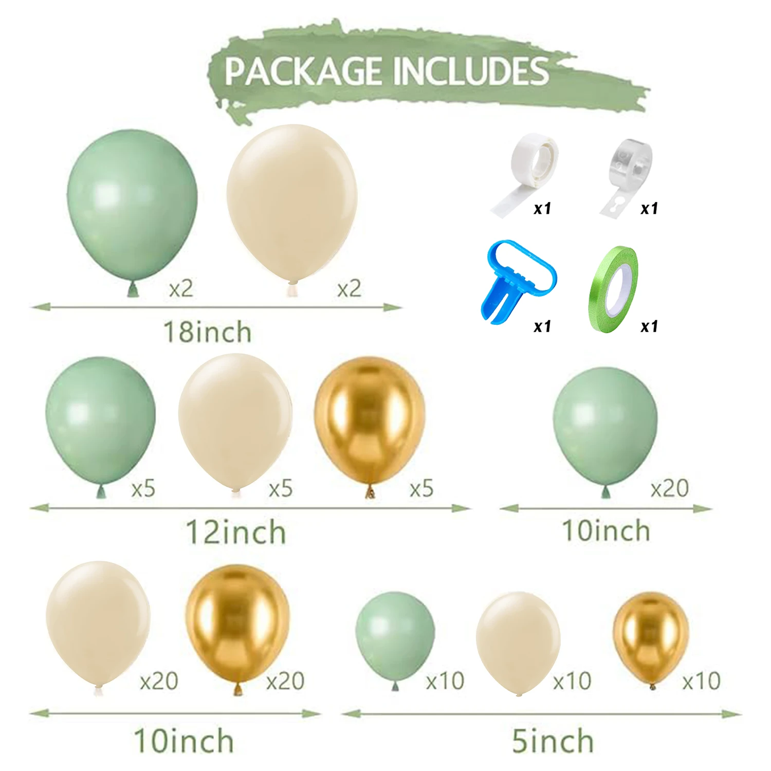 مجموعة بالونات لاتكس باللونين الأخضر والرملي والأبيض والذهبي مكونة من 109 قطع مناسبة لحفلات أعياد الميلاد وحفلات الزفاف وديكورات حفلات عيد الحب