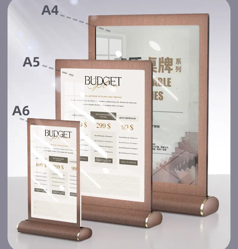 3 Pieces A5 148x210mm PU Leather Acrylic Sign Holder Display Stand Picture Poster Frame Restaurant Menu Price Label Holder